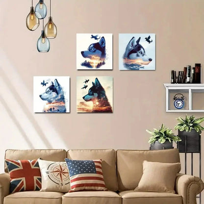 4pcs Wolf Dog Sunset Scene Themed Elegant Wall Art Canvas Framed
