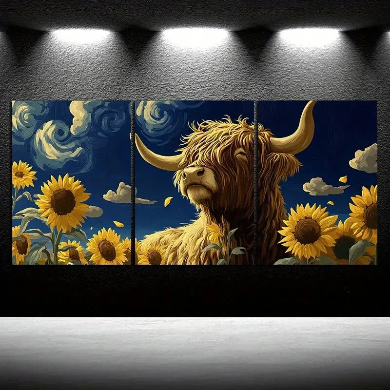 3pcs Sunflowers and Highland Cows Metal Print Ready to Hang Art - Bella Home Decor