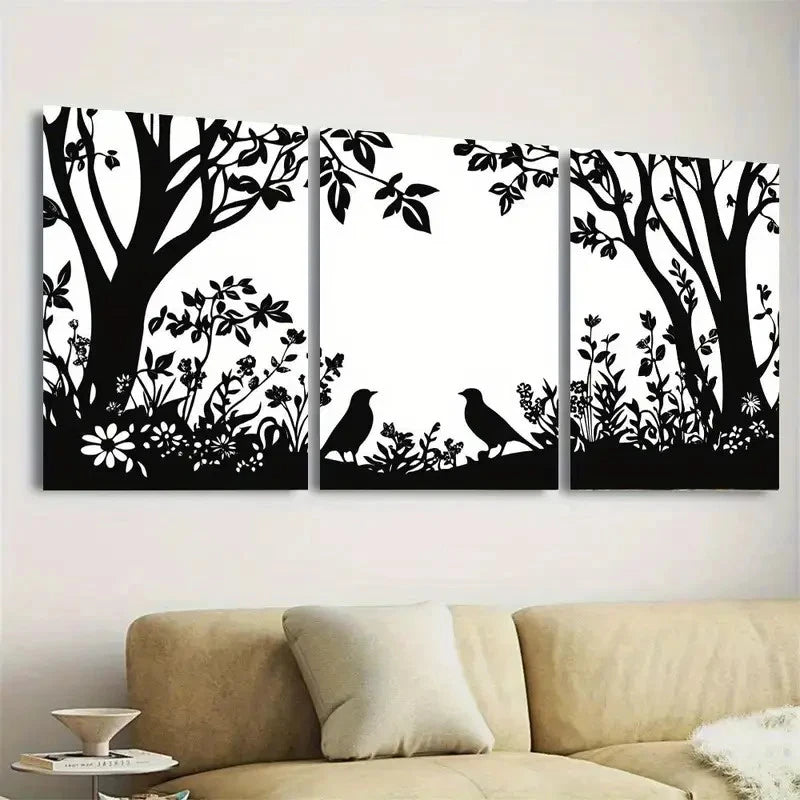 3pcs Forest Birds & Flowers Silhouette Wall Art Set Canvas Framed 40x60cm - High Quality Print 100% Australian Made Wall Canvas Ready to Hang - Bella Home Decor