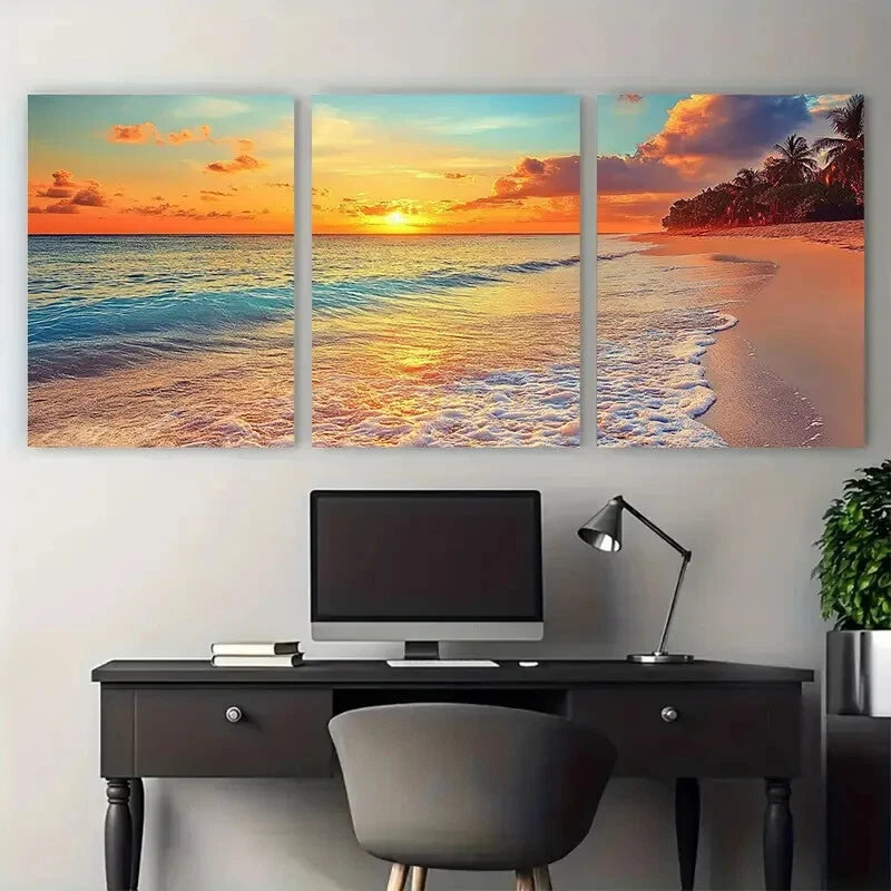 3pcs Tropical Beach Serene Sunset Metal Print Ready to Hang Art - Bella Home Decor