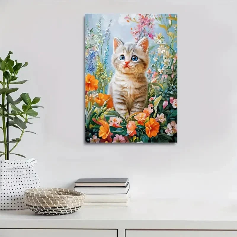 Adorable British Shorthair Kitten Amidst Painting 40x60cm Metal Print Ready to Hang - Bella Home Decor