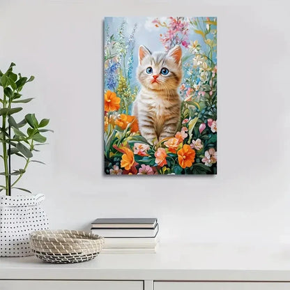 Adorable British Shorthair Kitten Amidst Painting 40x60cm Metal Print Ready to Hang - Bella Home Decor