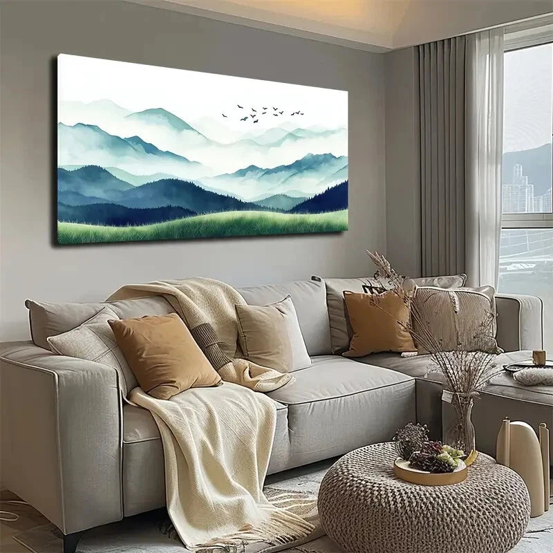 Mountain Ranges With Clouds Wall Art canvas office home room framed 120x60cm - Bella Home Decor
