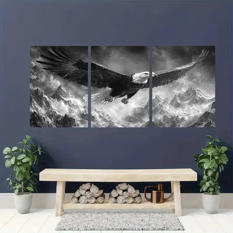 3pcs Dramatic Black and White Bald Eagle Metal Print Ready to Hang Art - Bella Home Decor