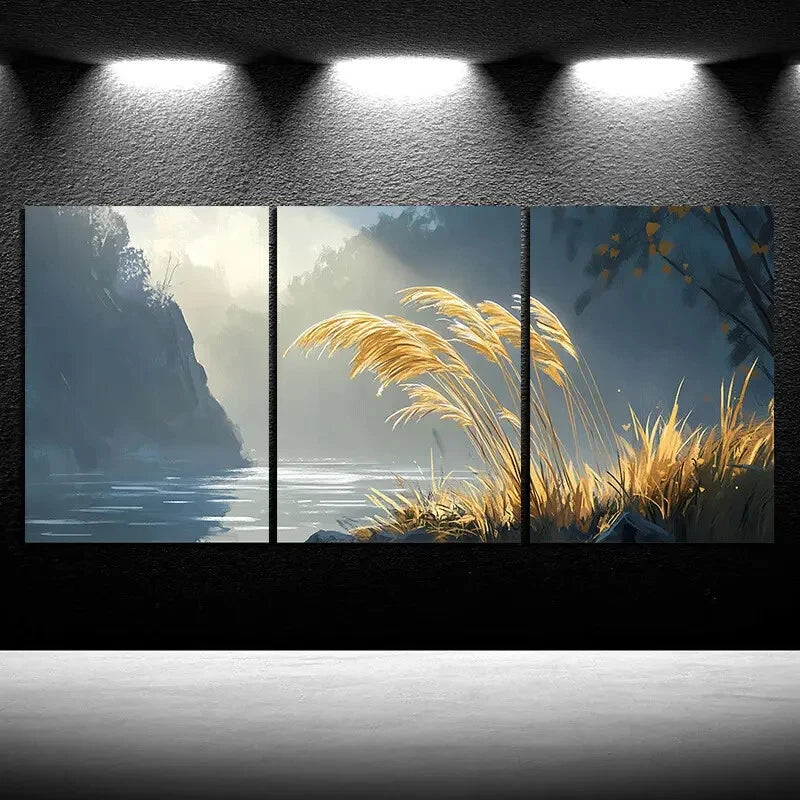 3pcs The Reeds By The Lake Scenery Metal Print Ready to Hang Art