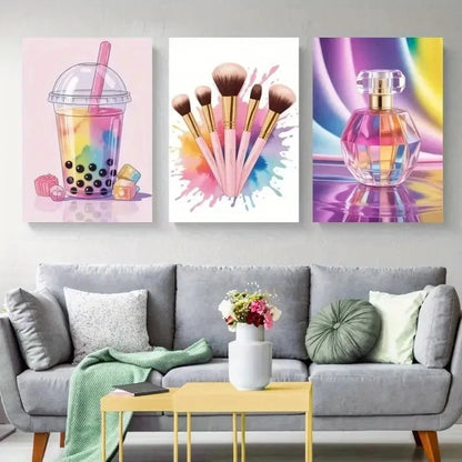 3pcs Bubble Tea, Makeup Brushes, Perfume     Wall Art Set Canvas Framed 40x60cm - High Quality Print 100% Australian Made Wall Canvas Ready to Hang - Bella Home Decor