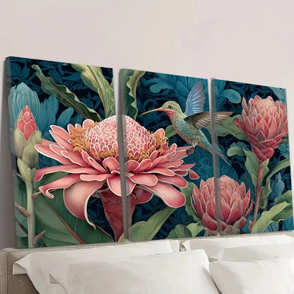 3pcs Tropical Torch Ginger & Hummingbird Wall Art Set Canvas Framed 60x90cm - High Quality Print 100% Australian Made Wall Canvas Ready to Hang