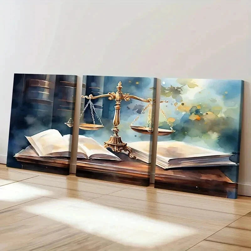 3pcs Golden Scales & Open Books Lawyers Office Wall Art Set Canvas Framed 60x90cm - High Quality Print 100% Australian Made Wall Canvas Ready to Hang - Bella Home Decor