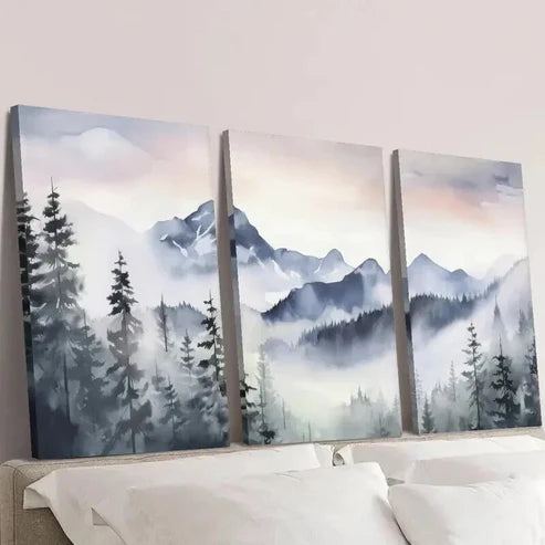 3pcs Blue Snow Mountain Valley Forest Wall Art Set Canvas Unframed - High Quality Print 100% Australian Made Wall Canvas - Bella Home Decor