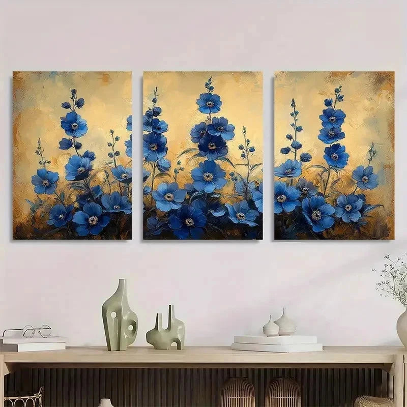 3pcs Larkspur Flower Beige Delphinium Perfect Wall Art Set Canvas Framed 50x70cm - High Quality Print 100% Australian Made Wall Canvas Ready to Hang