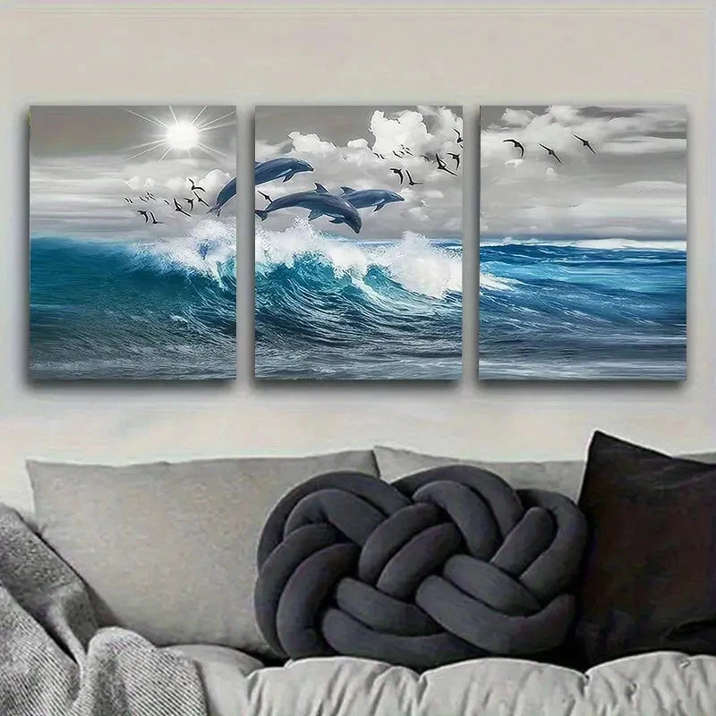 3pcs Dolphins and Seagulls Over Waves Wall Art Set Canvas Framed 50x70cm - High Quality Print 100% Australian Made Wall Canvas Ready to Hang - Bella Home Decor