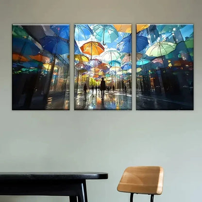 3pcs City Street with Colorful Umbrellas Wall Art Set Canvas Unframed - High Quality Print 100% Australian Made Wall Canvas