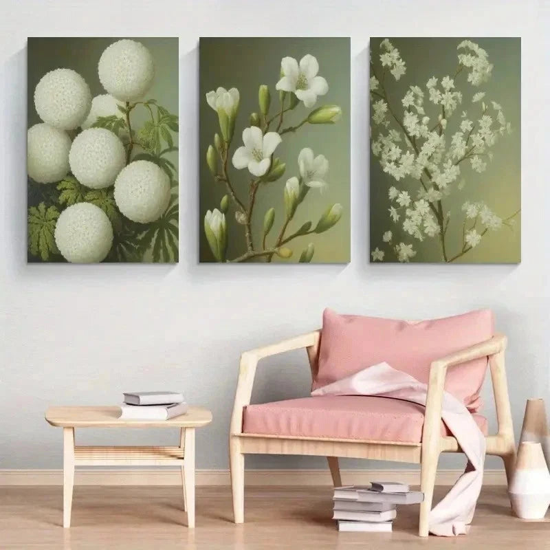 3pcs White Flowers, Green Leaves Canvas  Wall Art Set Canvas Framed 60x90cm - High Quality Print 100% Australian Made Wall Canvas Ready to Hang - Bella Home Decor