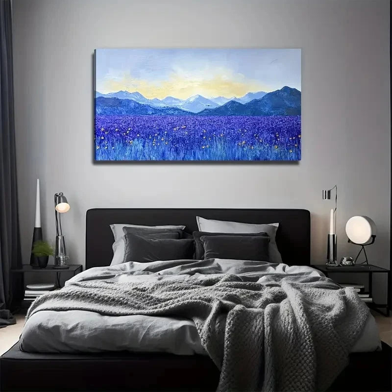 Purple Field Floral Painting Wall Art Canvas Office Home Room Framed 120x60cm