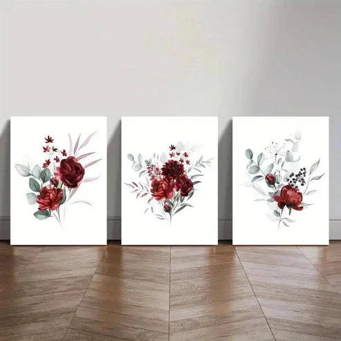 3pcs Vibrant Red Rose Flower & Green Leaves Wall Art Canvas Unframed - High Quality Print 100% Australian Made Wall Canvas