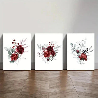 3pcs Vibrant Red Rose Flower & Green Leaves Wall Art Canvas Unframed - High Quality Print 100% Australian Made Wall Canvas