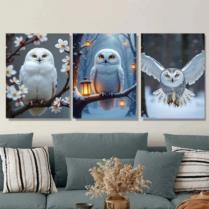 3pcs Serene White Owl Magpies & Cherry Blossoms Metal Print Ready to Hang Art