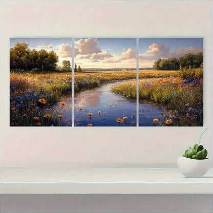 3pcs Dewy Meadow Gouache Peaceful Pastel Perfect Wall Art Set Canvas Framed 50x70cm - High Quality Print 100% Australian Made Wall Canvas Ready to Hang - Bella Home Decor