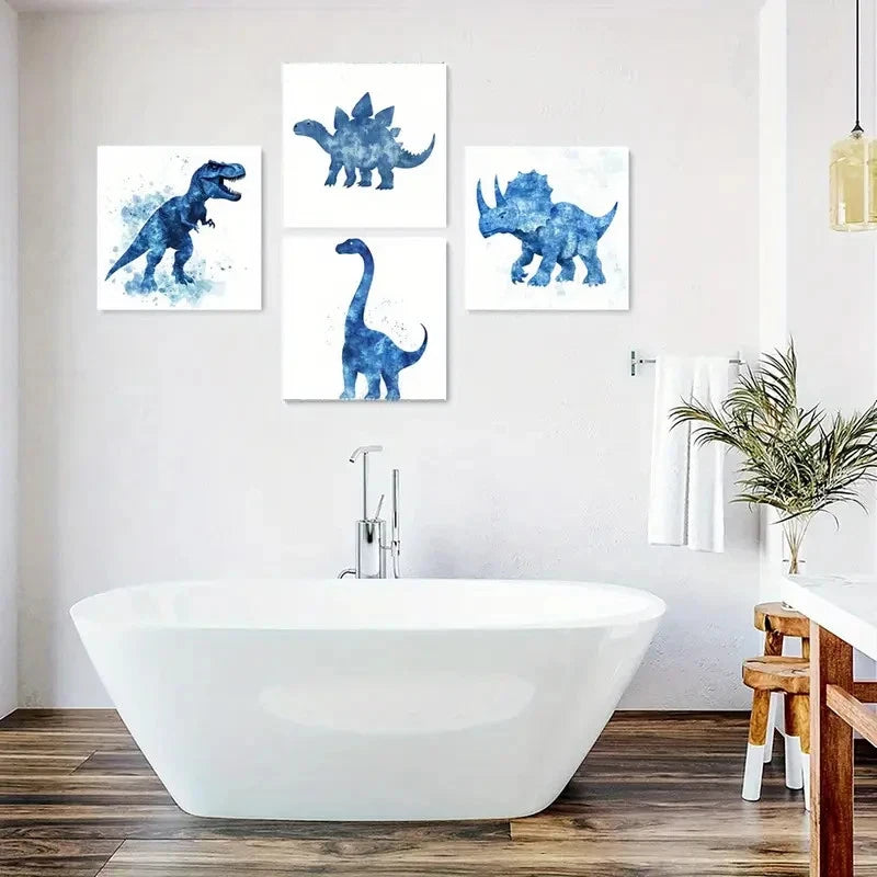 4pcs Dinosaur Square Wall Art Decor, Blue Wall Art Canvas Framed