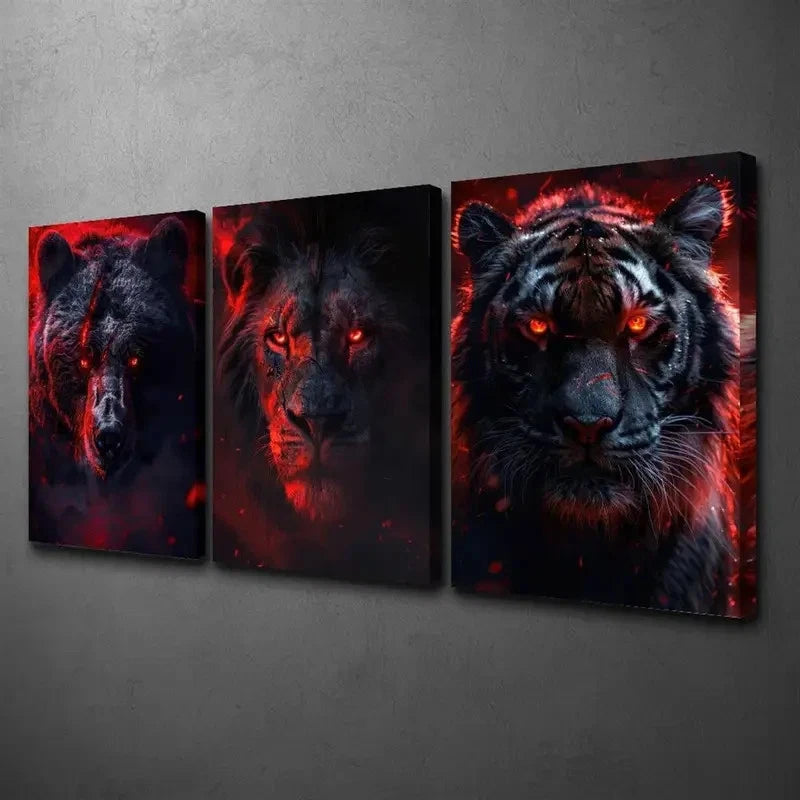 3pcs Angry Red-Eyed Tiger Lion Wall Art Set Canvas Framed 60x90cm - High Quality Print 100% Australian Made Wall Canvas Ready to Hang - Bella Home Decor