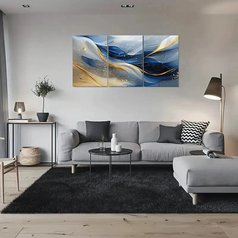 3pcs Ocean Waves in Blue Golden and White Metal Print Ready to Hang Art