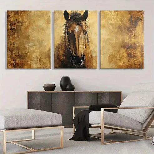 3pcs Horse Portrait Golden Brown Tones Perfect Wall Art Set Canvas Unframed - High Quality Print 100% Australian Made Wall Canvas
