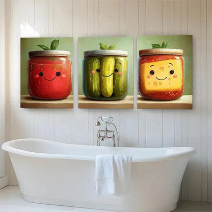 3pcs Cute Food Jar Playful Bright Perfect Wall Art Set Canvas Unframed - High Quality Print 100% Australian Made Wall Canvas - Bella Home Decor