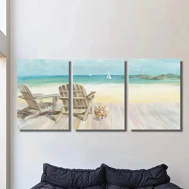 3pcs Beach Chair and Ocean View Metal Print Ready to Hang Art - Bella Home Decor