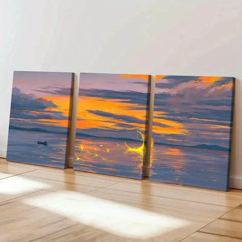 3pcs Sea Surface At Dusk and Moon Wall Art Canvas Unframed – High Quality Print 100% Australian Made Wall Canvas