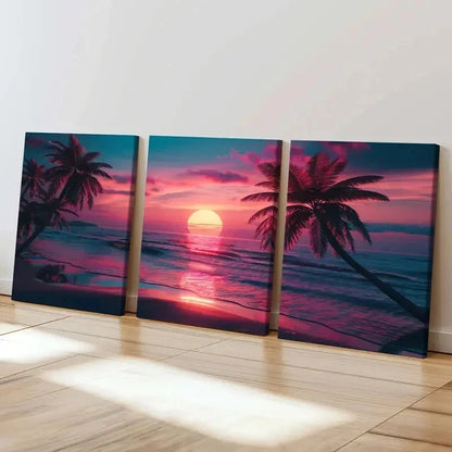 3pcs Sunset Seaside Beach Sea Vintage Wall Art Set Canvas Framed 60x90cm - High Quality Print 100% Australian Made Wall Canvas Ready to Hang