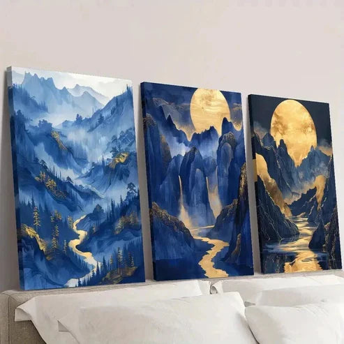 3pcs Gilded Mountains Bright Moon and Rivers Wall Art Canvas Unframed - High Quality Print 100% Australian Made Wall Canvas - Bella Home Decor