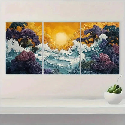 3pcs Vibrant Ocean Waves & Sunse a  Wall Art Set Canvas Framed 60x90cm - High Quality Print 100% Australian Made Wall Canvas Ready to Hang - Bella Home Decor