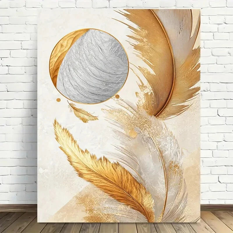 Beautiful Golden Feathers Abstract Painting 40x60cm Metal Print Ready to Hang - Bella Home Decor