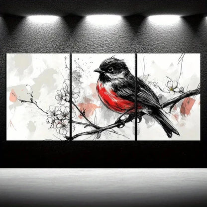 3pcs Birds on Plum Blossom Branches Black & White Metal Print Ready to Hang Art - Bella Home Decor
