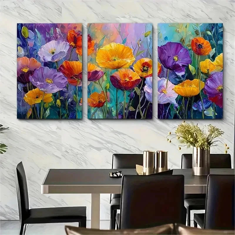 3pcs Colorful Flower Field Painting Perfect Wall Art Set Canvas Framed 50x70cm - High Quality Print 100% Australian Made Wall Canvas Ready to Hang - Bella Home Decor