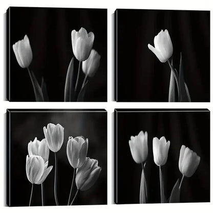 4pcs 4 Piece Black And White Flower Wall Art Canvas Framed