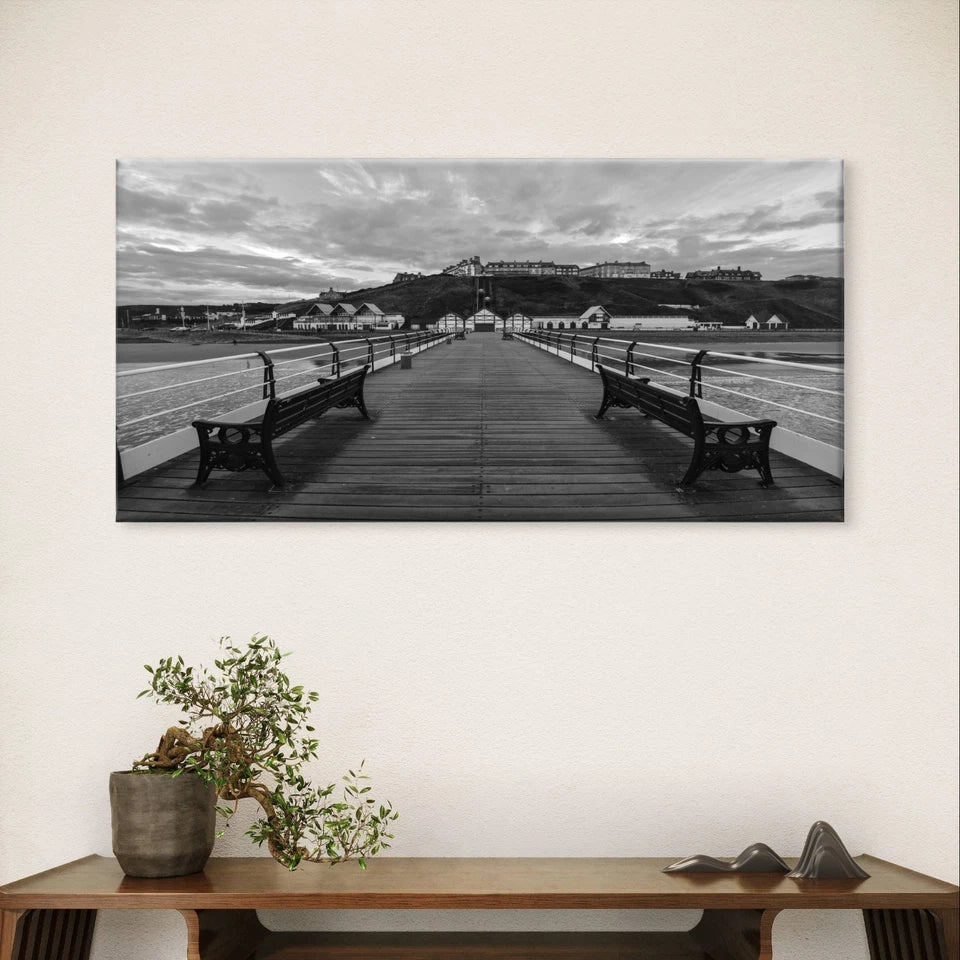 Black and White Coastal Pier At Sea Wall Art Canvas Office Home Framed 120x60cm
