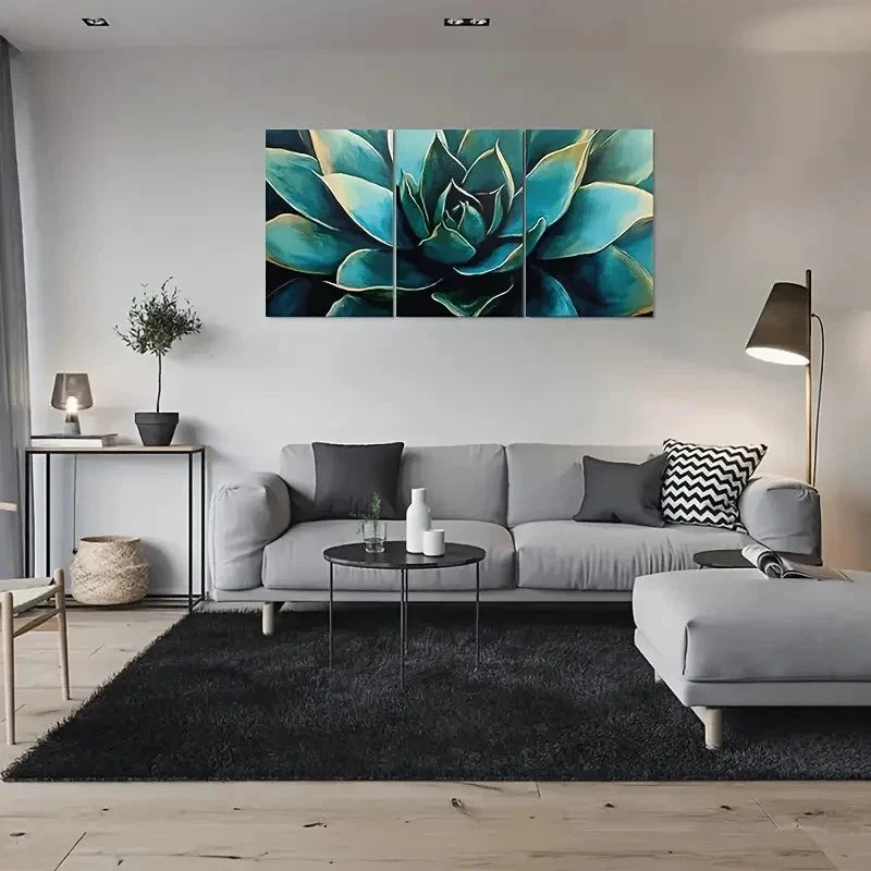 3pcs Abstract Succulent Blue & Green Textured Metal Print Ready to Hang Art - Bella Home Decor