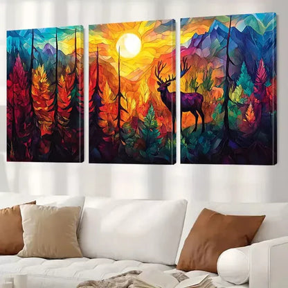 3pcs Vibrant Aesthetic Colorful Sunset Deer Wall Art Canvas Unframed - High Quality Print 100% Australian Made Wall Canvas