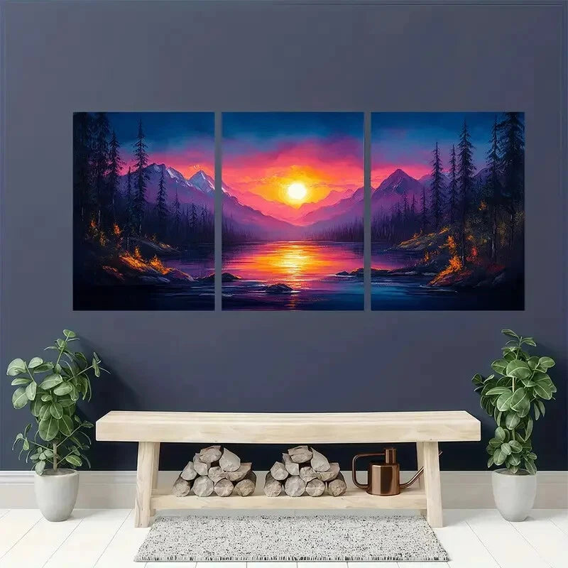 3pcs Mountain Sunset Abstract Forest & Lake Metal Print Ready to Hang Art - Bella Home Decor