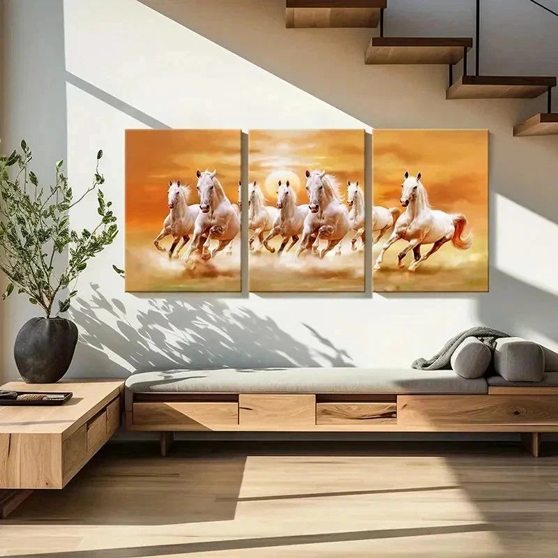 3pcs Animals White Horses Running Modern Wall Art Set Canvas Framed 40x60cm - High Quality Print 100% Australian Made Wall Canvas Ready to Hang