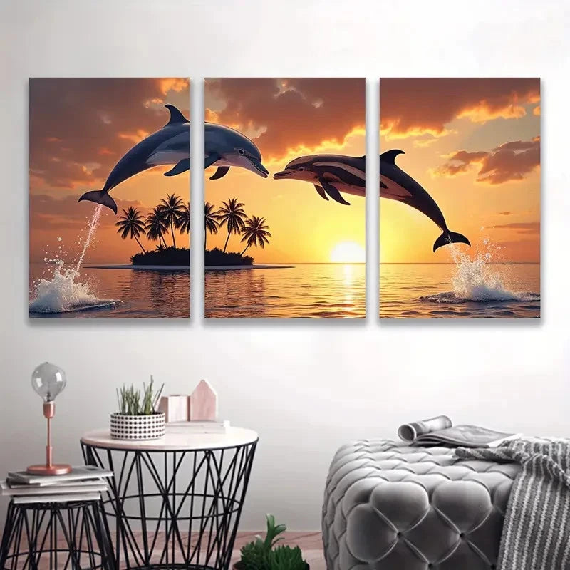 3pcs Sunset Dolphins Leaping with Palm Trees Wall Art Set Canvas Framed 50x70cm - High Quality Print 100% Australian Made Wall Canvas Ready to Hang