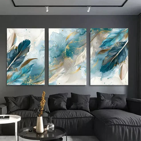 3pcs Blue & White Feathers Abstract Canvas Framed 60x90cm - High Quality Print 100% Australian Made Wall Canvas Ready to Hang