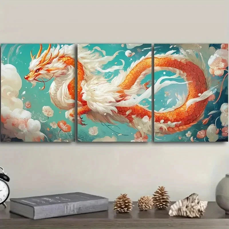 3pcs Featuring a Chinese Dragon Wall Art Set Canvas Framed 50x70cm - High Quality Print 100% Australian Made Wall Canvas Ready to Hang