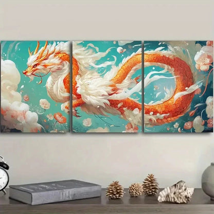 3pcs Featuring a Chinese Dragon Wall Art Set Canvas Framed 50x70cm - High Quality Print 100% Australian Made Wall Canvas Ready to Hang