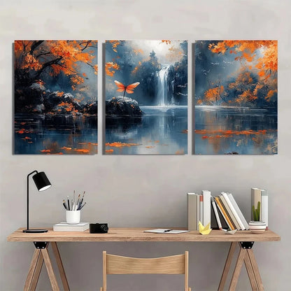 3pcs Autumn Forest Waterfall Scene Dragonfly Wall Art Set Canvas Framed 50x70cm - High Quality Print 100% Australian Made Wall Canvas Ready to Hang