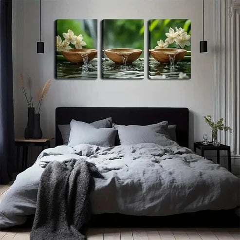 3pcs Wooden Tea Bowls and Waterfall Design Wall Art Canvas Unframed - High Quality Print 100% Australian Made Wall Canvas