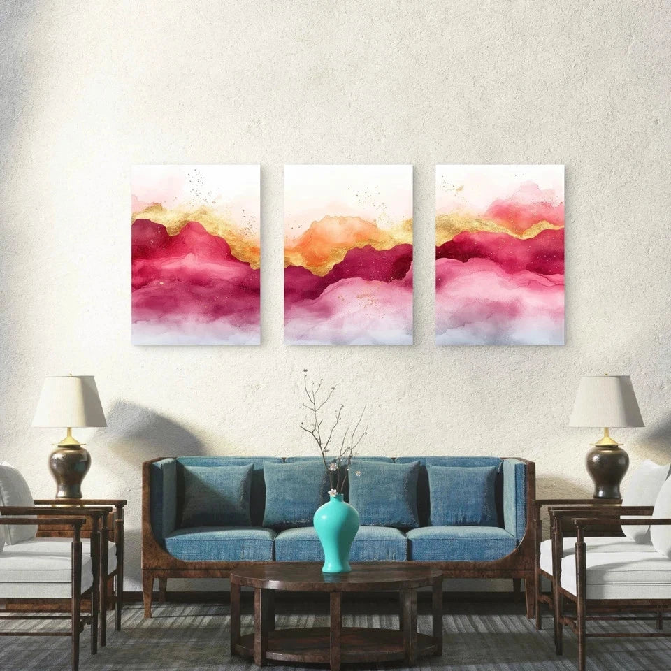 3pcs Golden Peaks In Crimson Mist Wall Art Set Canvas Framed 50x70cm - High Quality Print 100% Australian Made Wall Canvas Ready to Hang - Bella Home Decor