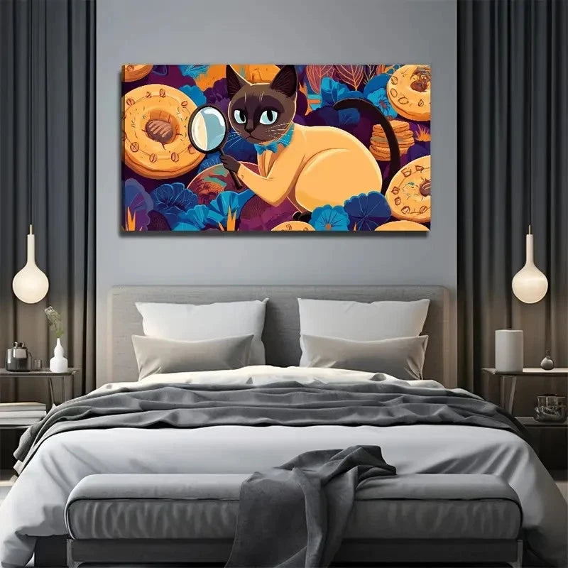 Black Cat With Magnifying Glass Wall Art Canvas Office Home Room Framed 120x60cm