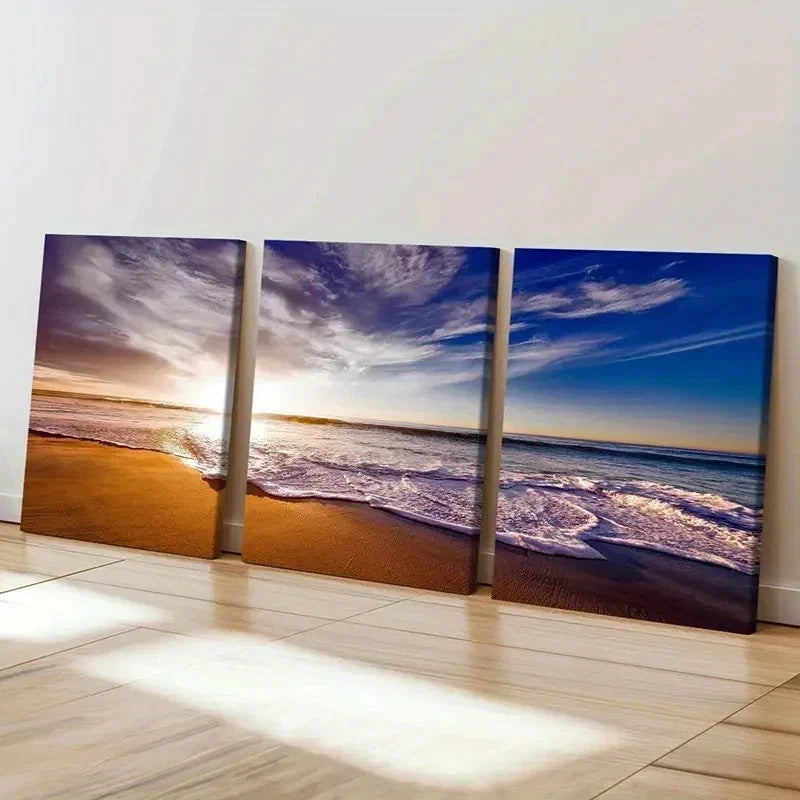 3pcs Beach Art Deco Painting at Sunset Wall Art Set Canvas Framed 60x90cm - High Quality Print 100% Australian Made Wall Canvas Ready to Hang - Bella Home Decor